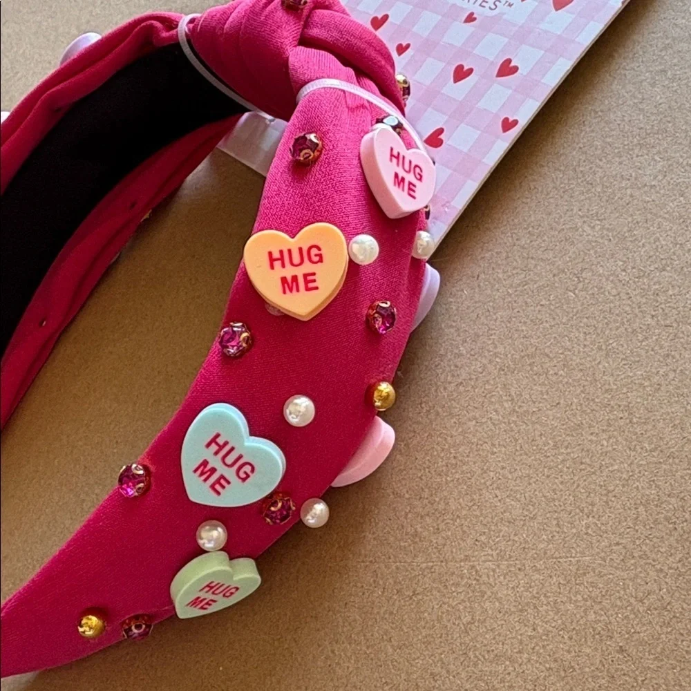 Hot pink Headband with faux candy Hearts, pearls, and rhinestone Accents